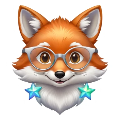 A gentle fox with iridescent fur, a glowing tail, a silver star on its forehead, and round glasses, smiling softly with closed, happy eyes. 🦊😊 sticker
