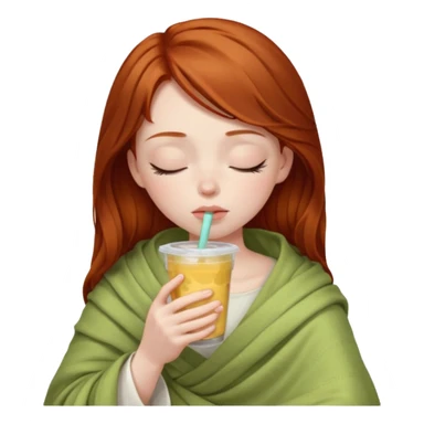 dark ginger haired girl with pale skin, wrapped in a blanket, sipping boba, eyes closed sticker