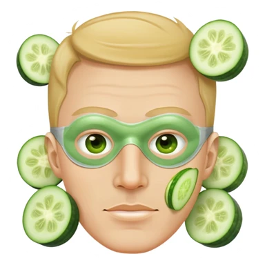 white man with a green facial mask and cucumber slices on eyes sticker