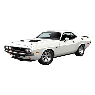 Structurally accurate white 1971 Dodge Challenger from Death Proof, perfect three-quarter perspective at 30 degrees, consistent proportions, detailed front end and side profile, all white, iOS emoji style sticker
