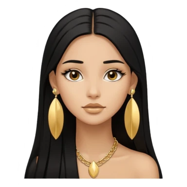 Pero que sea de una chica morena con pelo negro largo lacio. Que siempre utilize aretes dorados y axxesorios dorados y que sea AESTHETIC como pinterest sticker