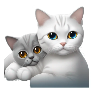 Grey British shorthair with amber eyes cuddling a white British shorthair with grey ears and blue eyes sticker