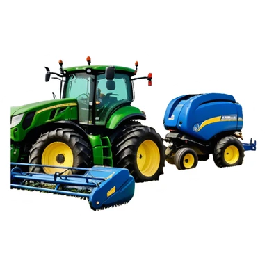 Baler – New Holland Roll-Belt 560 (2018) – Cinematic-realistic John Deere 6155M tractor towing a New Holland Roll-Belt 560 baler, its deep green body contrasting with the bright blue baler. The massive machine moves steadily through golden fields, compressing freshly cut hay into tight round bales, while dust swirls under the blazing afternoon sun. sticker