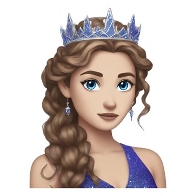 Feyre has brown hair with bright blue eyes and a silver crown on top of her head. She wears a purple blue glitter dress  sticker