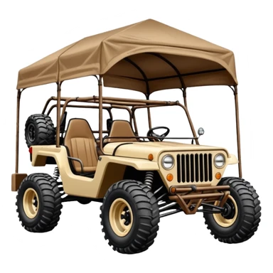 Well-equipped Off road Racing car whose frame and detailed suspension is made of shopping cart material with padded roll cage, huge roof rack, winch, and antique style handmade bodywork (survivalist style) sticker