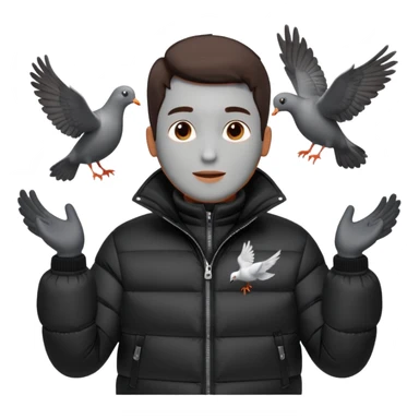 puffer shiny black jacket man open arms looking at a flying pigeon sticker