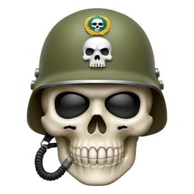 A bold emoji-style (bodyless) white skull wearing a realistic modern army helmet, making a shushing gesture (index finger bone held up to mouth area). Clean vector style,modern emoji aesthetic.The helmet has detailed realistic texture. sticker