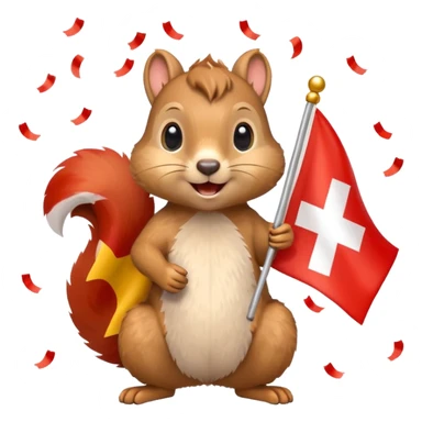 squirrel holding a Swiss flag, surrounded by even more confetti, emoji style sticker