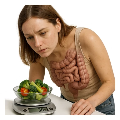 realistic woman with visible intestine leaning towards the camera, weighing 30g of vegetables on a kitchen scale, readable display showing '30g', gaze fixed on the display, white background, realistic style sticker