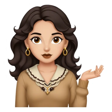 Girl with wavy hair dark chocolate hair, black eyebrows, brown doe eyes, earrings slim and with a cute outfit sticker