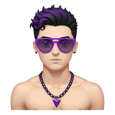 shirtless male athlete with white skin and moderately curly black hair on top with shaved sides, wearing sharp angular geometric purple sunglasses with very dark heavily tinted black lenses, and a simple plain black chain necklace, no earrings sticker