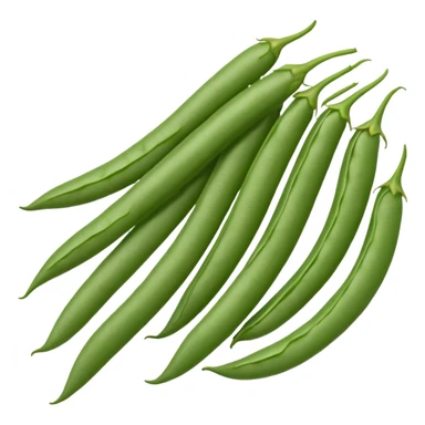 cluster of green beans, 2-4, slightly curved, smooth green skin, pointed ends, fresh and crisp, subtle sheen, natural texture, tiny stem tips, no leaves, no plate, transparent background, emoji scale sticker