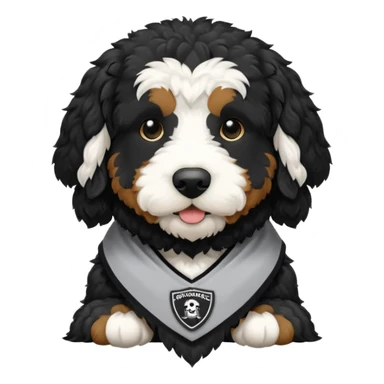 A black Bernedoodle with a white chest with Providence college gear on  sticker