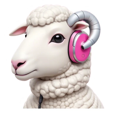 Sheep character with minimalist features and a distinctive high-tech earpiece that wraps around one ear. The earpiece should be sleek, futuristic and neutral-colored (silver or white) that complements the sheep's clean white body. The sheep has a trendy asymmetrical wool haircut dyed vibrant pink, with one side featuring an undercut style. The sheep wears simple, minimalist clothing without bold colors. Simple, bold shapes with minimal details but with a confident, slightly smirking expression that gives off a true trendsetter vibe - like this sheep is always ahead of the curve and knows it. sticker