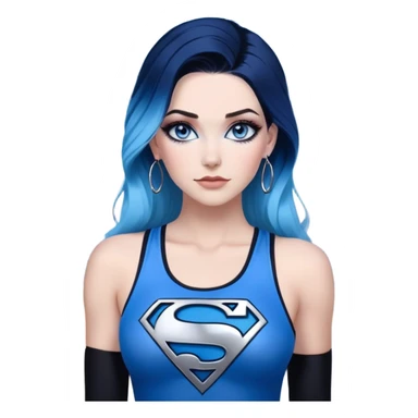 very very large chest-stunning beautiful face-black leggings-very long straight dark blue to light blue ombre hair-and-blue eyes-a lot of black eyeliner-thick long eyelashes-sky blue low cut tanktop with glitter superman logo-no gloves-silver hoop earrings sticker