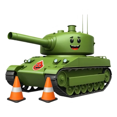 green military tank with an evil face rolling over a traffic cone with a sad face, emoji style sticker