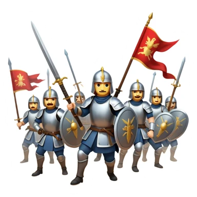 An emoji representing an ancient battle scene. Soldiers with swords, shields, and spears are fighting on an open battlefield. Dust and chaos fill the air, with banners waving and armor shining under the sun. The design is dramatic, symbolizing historical warfare and bravery sticker