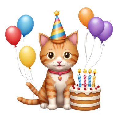 Ginger tabby kitten celebrates birthday, birthday hat, birthday cake, balloons, happy, gifts sticker