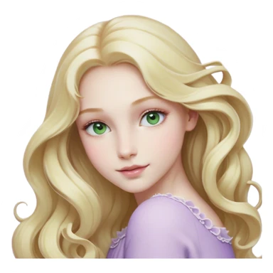 Cinematic Realistic Rapunzel Portrait, with porcelain-like skin featuring a subtle, natural glow, illuminated by soft lighting that brings out the gentle contours of her face. Her long, golden blonde hair cascades in detailed waves, each strand highlighted with a radiant shimmer as it catches the light. Her bright, expressive green eyes exude curiosity and warmth, framed by delicate lashes and soft, arched brows. Her expression is playful and vibrant, with a gentle smile. She is dressed in her classic lavender and pink gown, the fabric textured with delicate folds that flow naturally, catching the light with a soft, radiant glow. The portrait captures a luminous, enchanting aura, seamlessly blending realism with a whimsical, fairytale charm, evoking a timeless sense of beauty and magic. sticker