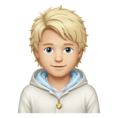 Create a look for a blond boy with long, tousled hair, light eyes, a white sweater, a wealthy appearance, blue eyes, and accessories like a Rolex or Cartier watch, and a cute face with messy hair down. blue eyes + + pajama white fluffy + hood fluffy sticker