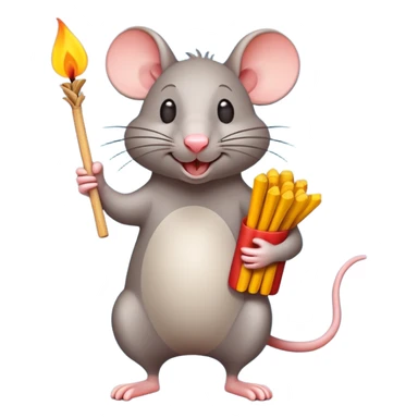 Create a cartoon-style emoji of a cheerful rat collecting matchsticks. Minimalist design with bold outlines, vibrant colors, and simple shapes. Show the rat standing upright, holding a bundle of matches, with a playful expression. Avoid shading or intricate details, keeping the style clean and whimsical. sticker