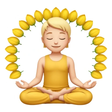 A 3D Apple-style yellow round emoji sitting in a lotus position, eyes gently closed, calm and peaceful smile, hands resting on knees with palms facing upward, relaxed eyebrows, soft glow around the emoji to symbolize inner peace, clean minimal background. sticker