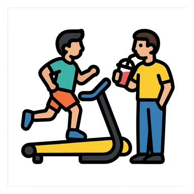 one man on a treadmill, the other man standing nearby sipping a smoothie, icon style, modern and easy to understand, clear contrast sticker