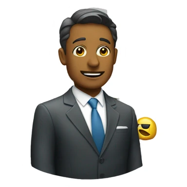 a sweaty businessman in a suit in front of a shop sticker