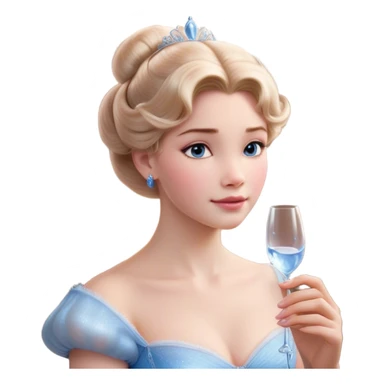 Cinematic Realistic Cinderella Portrait, depicted with lifelike skin texture, subtle rosy undertones, and soft natural lighting that enhances the gentle contours of her face. Her intricately detailed golden blonde hair is elegantly styled in an updo, with delicate wisps framing her face. Her deep, expressive blue eyes radiate warmth and sincerity, reflecting a quiet resilience and grace. She holds a glass slipper gently in one hand, her other hand resting gracefully at her side, emphasizing the timeless beauty of the moment. She is dressed in her iconic ball gown, the fabric shimmering with intricate embroidery and fine translucent layers that catch the light beautifully. The soft sheen of satin gloves adds a magical touch to her graceful pose. The portrait features an enchanting glow with a natural, luminous finish, seamlessly blending realism and fairytale charm to evoke a sense of depth, elegance, and timeless beauty. sticker