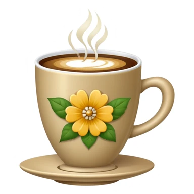 Cinematic Realistic sophisticated cup filled with khaki coffee with flower ornament sticker