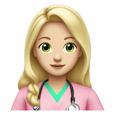 pale blonde girl with long hair and green eyes wearing pink scrubs and stethoscope  sticker