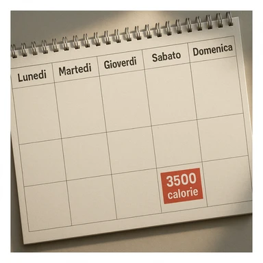 Hyperrealistic top-down view of a weekly calendar in Italian, showing days from Monday to Sunday. Only Saturday and Sunday have the text '3500 calorie' highlighted in a red box below, with no red circle on Friday. 4K details, desk atmosphere. sticker