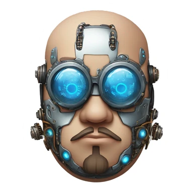 Fat bald cyborg head with blue steampunk goggles, brown beard and circuits sticker