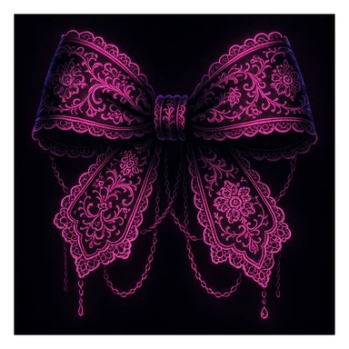 gothic lolita bow, ornate lace, neon pink and black, delicate chains, Victorian influence, neon goth palette sticker