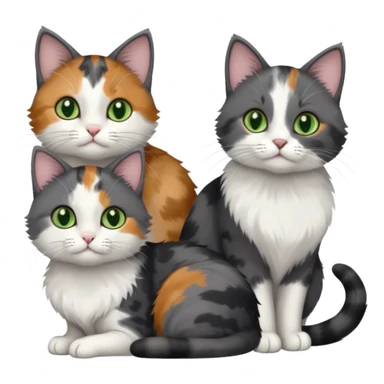 3 different coloured small cats including a dark grey and white, and a patchy calico with hazel eyes  and a completely solid dark grey with green eyes and only white paws sticker