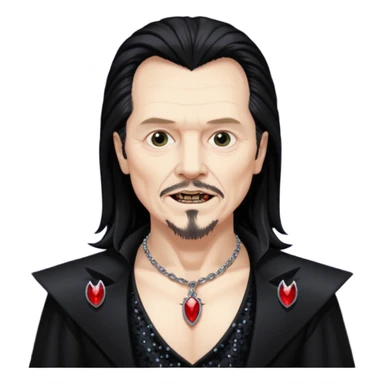 Gary Oldman as Dracula with long black hair, black sequin outfit, shirtless with necklace sticker