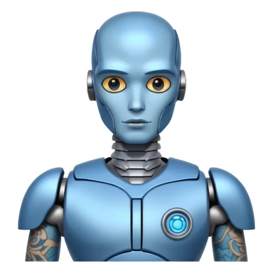 blue Tatooed robot, big many tatooes on chest, neck and face sticker