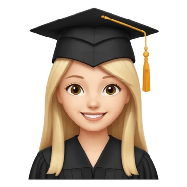 white girl with straight hair, wearing black graduation cap and gown, smiling sticker