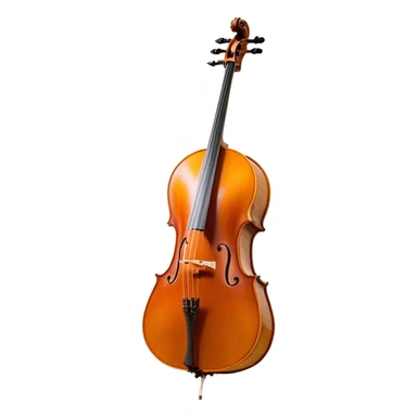 Create an elegant and refined emoji representing a Cremona 4/3F 4/4 cello with bow. The design should feature the distinctive, finely crafted body of the cello, highlighting its rich wooden finish and gracefully curved shape. The bow should be included, with visible horsehair and a polished wooden stick. Add subtle details like tuning pegs and strings to emphasize the precision and craftsmanship of the instrument. Use warm wood tones, deep brown, and soft metallic accents to reflect the high quality of the Cremona cello. The background should be transparent. sticker