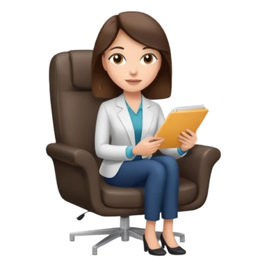 female therapist, brunette, brown eyes, light skin, sitting in a modern chair with notes sticker