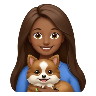 Create a high-quality emoji illustration of a woman with long brown hair, smiling, holding a small Pomeranian dog. The dog’s face is mostly black with a white line centered from the nose to the mouth. Minimalist emoji style, smooth lines, bright but natural colors.” sticker
