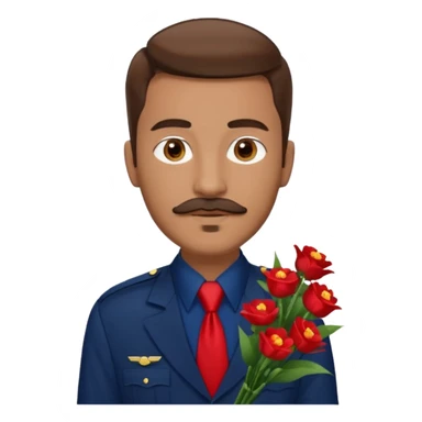 Homme avec bouquet fleurs blanches, avec uniforme bleu foncé cravate rouge, arabe raie sur le coté, brun un peu bronzé et yeux marrons 23 ans bouc moustache sans fleurs sur le costume  sticker