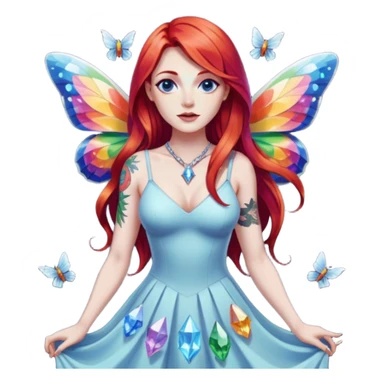 woman-long-red-hair-blue-eyes-white-skin-tattoos-big-breast-wearing-rainbow-crystal-shard-dress,-moths-orbiting,-flirty-contrapposto-pose sticker