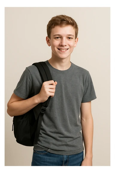 white teenage boy student, casual clothes, friendly expression, holding a backpack, simple background sticker