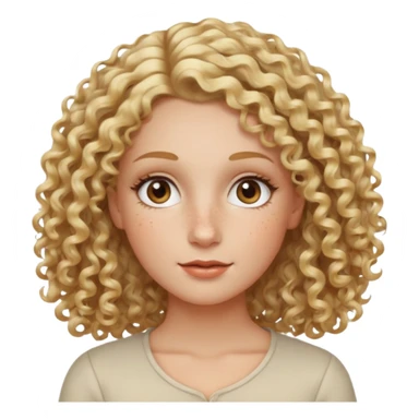 Blond curly hair white women, oval shape face hazel eyes long lashes little bit of freckles high cheek bones sticker