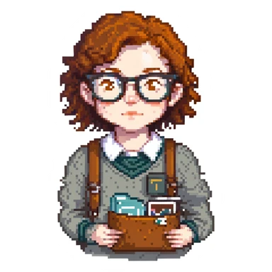 pixel art icon of a nerd with freckles, thick glasses, and a pocket protector sticker