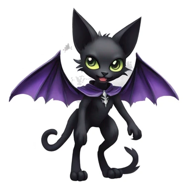   cool edgy beautiful anime-style ethereal dark-punk-themed animal vampiric cat-hybrid Fakemon with big fangs and bat-wing-ears with a cape full body sticker