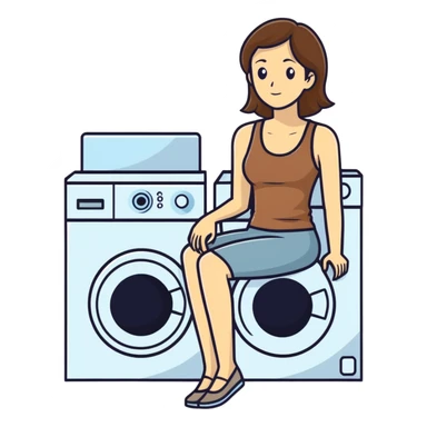 Caucasian woman with brown hair and big boobs wearing a tank top sitting on a washer and dryer sticker
