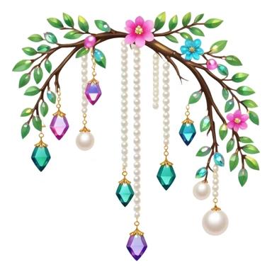 Exotic colorful romantic Few cute tiny Iridescent glistening glossy sparkly shiny glittery hanging crystals pearls and beads and gemstones scenery scenic decorations with branches and flowers sticker