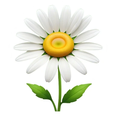 Cinematic Realistic Daisy Emoji, Cheerful and pure, with bright white petals surrounding a sunny yellow center, standing proudly atop a slender green stem. The soft, vibrant petals seem to radiate positivity, while a few green leaves frame the delicate flower. Soft glowing outline, capturing the essence of simplicity, innocence, and happiness in a single daisy. sticker